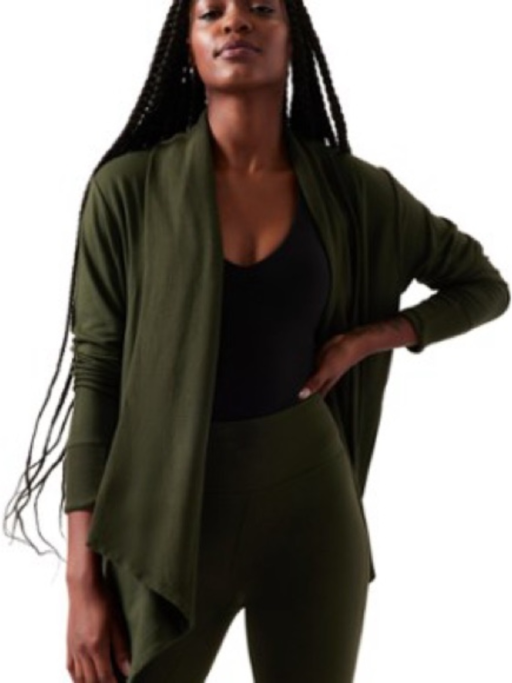 Athleta Pranayama wrap ii Olive Green Open-Front Women’s Cardigan Sweater - med.